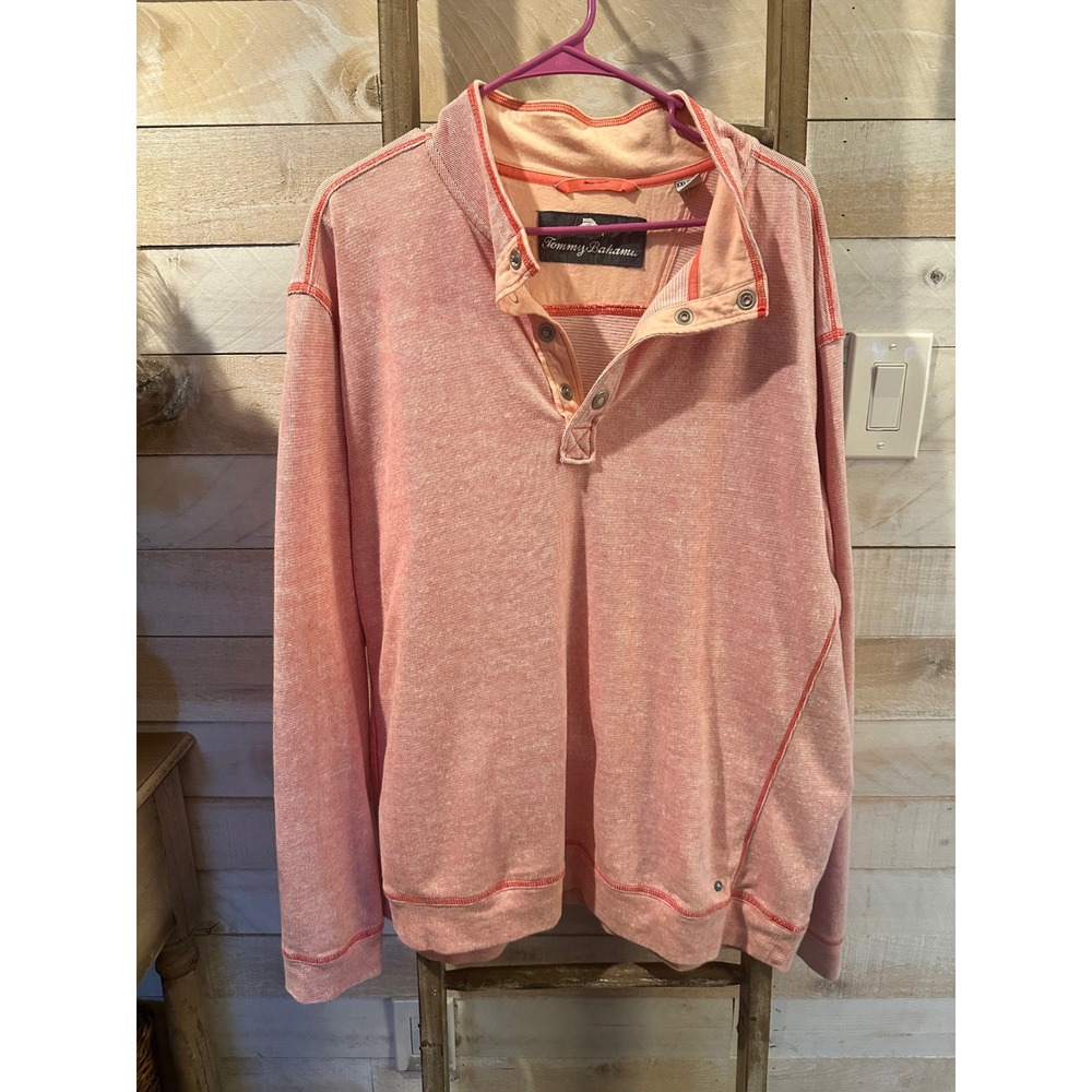 Tommy Bahama Mens XXL Flipside Pullover Sweatshirt Coral Red Snap Neck Ribbed